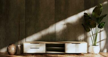 gabinete de madeira vazio na renderização de estilo tropical de quarto de madeira. foto