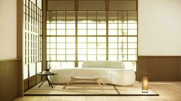 minimalista japandi estilo vivo quarto decorado com sofá.3d Renderização foto