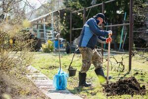 uma homem é plantio uma jovem árvore. a agricultor é escavação a terra com uma pá para uma pequeno plantinha. a conceito do proteção do a meio Ambiente e ecologia foto