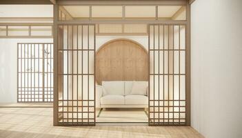 minimalista japandi estilo vivo quarto decorado com sofá. foto