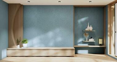 gabinete dentro moderno zen vivo quarto em luz azul parede plano de fundo,3d Renderização foto