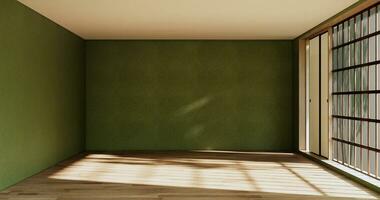 esvaziar quarto - verde parede em madeira chão interior e decorações plantas. 3d Renderização foto