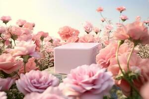 natural beleza pódio pano de fundo com Primavera rosa flor campo cena. 3d Renderização. generativo ai. foto