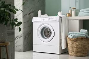 moderno lavando máquina com toalhas dentro banheiro. generativo ai. foto