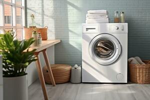 roupas lavando máquina dentro lavanderia quarto interior com janela. generativo ai. foto