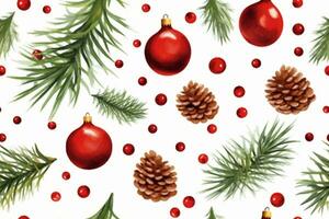 desatado padronizar com Natal símbolo, azevinho folhas, Natal árvore com cones, estrelas e bolas em branco background.generative foto