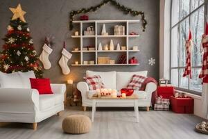 lindo holdiay decorado quarto com Natal árvore com apresenta debaixo isto. generativo ai. foto