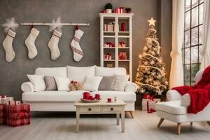 lindo holdiay decorado quarto com Natal árvore com apresenta debaixo isto. generativo ai. foto