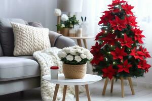 lindo poinsétia e presente caixa em branco mesa dentro à moda vivo quarto interior. tradicional Natal flor. generativo ai. foto