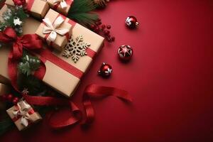 Natal presente caixas, veludo fitas, rolos do invólucro papel e decorações em vermelho fundo. generativo ai. foto