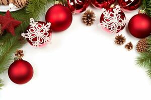 Natal ainda vida. vermelho brinquedos, abeto galhos e decorativo Natal enfeites em uma branco fundo. generativo ai. foto