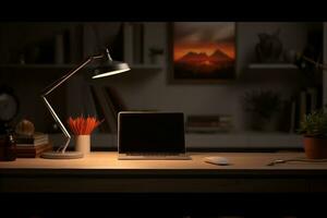 caloroso luz a partir de mesa luminária com computador portátil computador, acessórios e cópia de espaço para produtos mostrar. fechar-se. 3d Renderização, 3d ilustração. generativo ai. foto