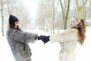 mãe e filha segurando mãos dentro a neve foto