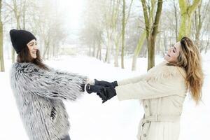 mãe e filha segurando mãos dentro a neve foto