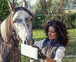 amazona leva uma selfie com dele cavalo foto