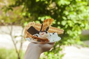 jovem mulher segurando delicioso gelo creme com waffle durante uma piquenique às natureza. verão Comida conceito. jovem adulto comendo gostoso gelo creme com uma bastão em uma brilhante verão dia. foto