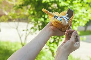 jovem mulher segurando delicioso gelo creme com waffle durante uma piquenique às natureza. verão Comida conceito. jovem adulto comendo gostoso gelo creme com uma bastão em uma brilhante verão dia. foto