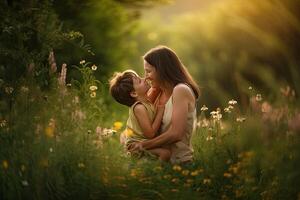 mãe e criança partilha uma concurso momento dentro uma campo do flores generativo ai foto