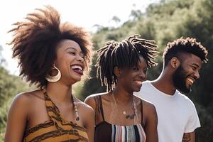 grupo do jovem pessoas rindo junto. generativo ai foto