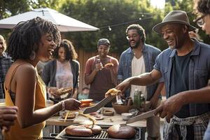 pessoas desfrutando Comida às uma verão churrasco. generativo ai foto