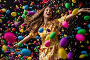 jovem mulher cercado de balões e confete. generativo ai foto