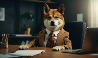 Shiba inu cachorro dentro uma homem de negocios terno senta diligentemente às a escritório mesa, exalando profissionalismo. criada de ai foto