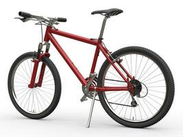 vermelho montanha bicicleta - em pé em descanso lateral foto