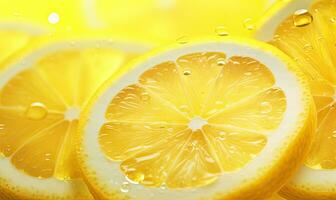 fechar-se do uma luminoso limão fatiar, irradiando frescor contra uma vibrante pano de fundo. criada de ai foto