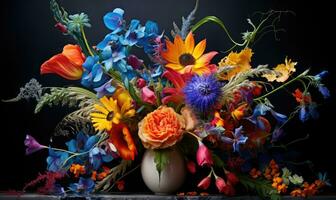 ainda vida do flores vibrante ramalhete do flores silvestres dentro uma vaso em uma mesa. ai generativo foto