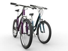 dois moderno bicicletas - metálico cores - diferente modelos foto