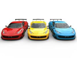 moderno luxo carros esportivos dentro vermelho, amarelo e azul pintura cores foto