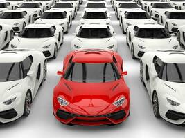 vermelho Esportes carro carrinhos Fora entre branco carros - frente Visão - 3d ilustração foto