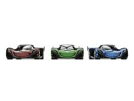 metálico vermelho, verde e azul moderno conceito super carros - frente Visão foto