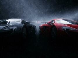 ótimo Preto e vermelho super carros lado de lado dentro a chuva foto