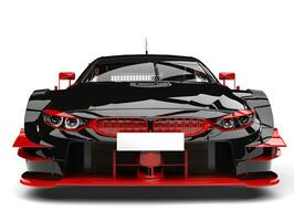 surpreendente Sombrio raça carro com vermelho detalhes - frente Visão fechar tiro foto