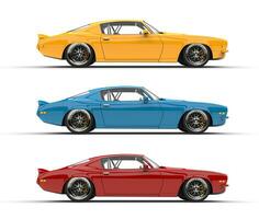 clássico vintage americano carros dentro vermelho, azul e amarelo cores - lado Visão foto