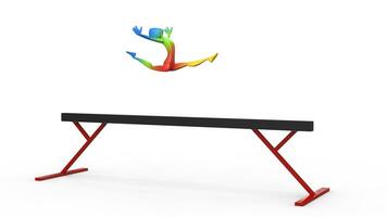 ginasta menina fazendo uma Dividido saltar em uma Saldo viga - colorida equipamento - 3d ilustração foto