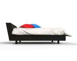 moderno cama com colorida almofadas - lado Visão foto
