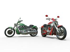 verde e vermelho motocicletas lado de lado foto