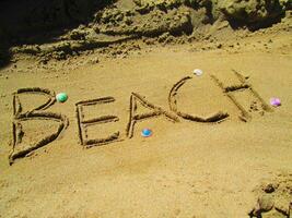 de praia soletrado dentro uma areia - colorida conchas do mar foto