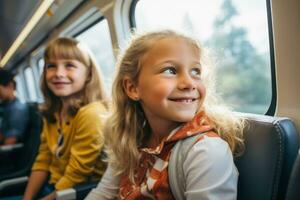 crianças desfrutando criança amigáveis Facilidades em trens foto