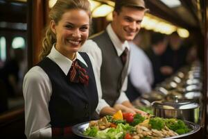 passageiros desfrutando gourmet trem cozinha foto