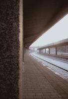 esvaziar trem estação - inverno névoa e névoa foto
