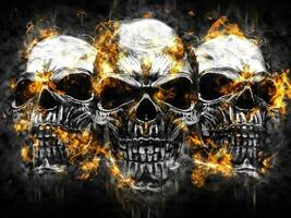 três metal vampiro crânios - queimando fogo e chamas foto