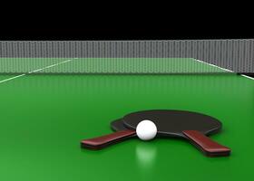 ping pong raquetes em a mesa - fechar-se tiro - 3d render - em Preto fundo foto