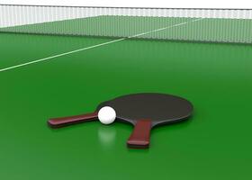 mesa tênis raquetes e bola em uma ping pong mesa- 3d render foto