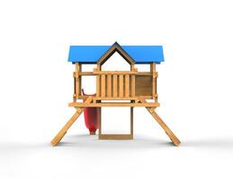 crianças de madeira casa de jogos com vermelho deslizar e azul cobertura - costas Visão - isolado em branco fundo - 3d render foto