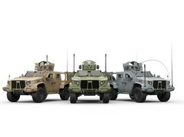 três militares todos terreno veículos - deserto, selva e urbano camo cores foto