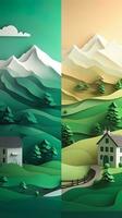 vertical 3d papel cortar floresta panorama montanha papel cortar estilo natural panorama cena ilustração foto