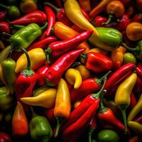 realista foto do uma grupo do quente pimentas. topo Visão legumes cenário. ai gerado